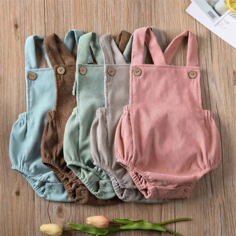 100% Velvet Corduroy Button Strap Romper In Pastel Colors