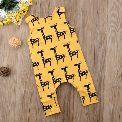 Cotton Yellow Giraffe Print Snap Button Romper Jumpsuit