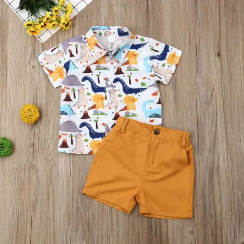 Dinosaur Print Shirt & Mustard Cotton Shorts Set