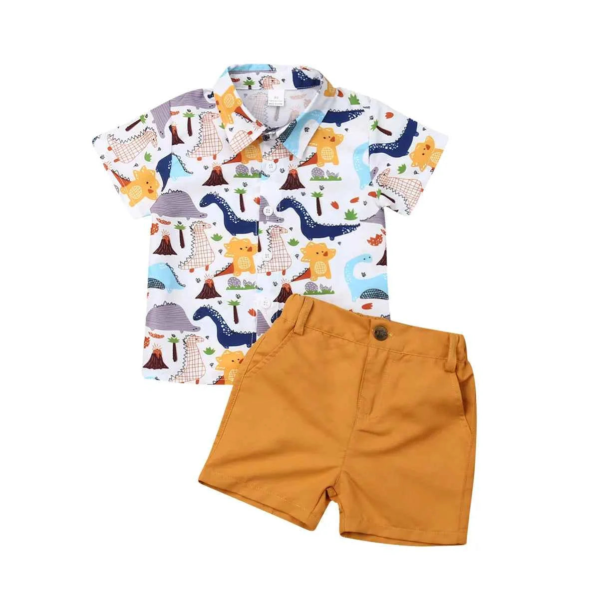 Dinosaur Print Shirt & Mustard Cotton Shorts Set