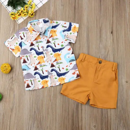 Dinosaur Print Shirt & Mustard Cotton Shorts Set