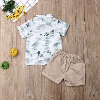 Palm Tree Print Shirt & Khaki Cotton Shorts Set
