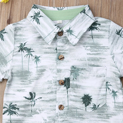 Palm Tree Print Shirt & Khaki Cotton Shorts Set
