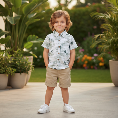 Palm Tree Print Shirt & Khaki Cotton Shorts Set