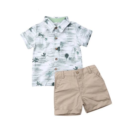Palm Tree Print Shirt & Khaki Cotton Shorts Set
