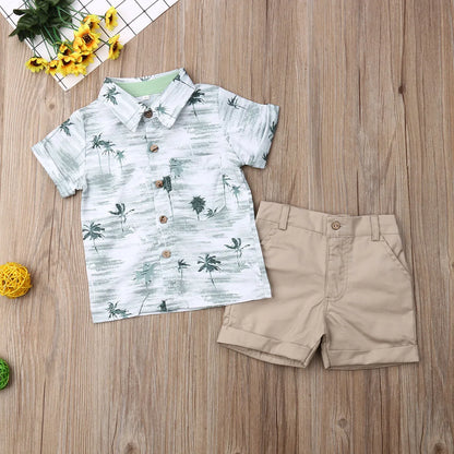 Palm Tree Print Shirt & Khaki Cotton Shorts Set