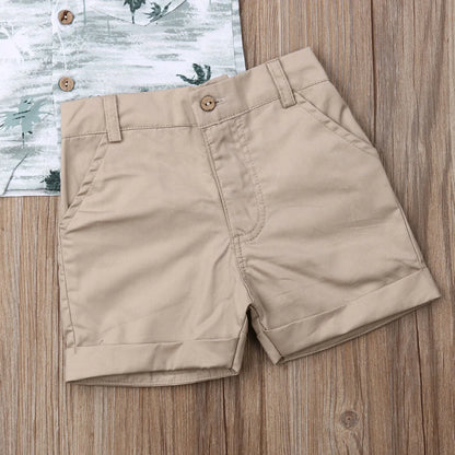 Palm Tree Print Shirt & Khaki Cotton Shorts Set