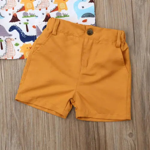 Dinosaur Print Shirt & Mustard Cotton Shorts Set