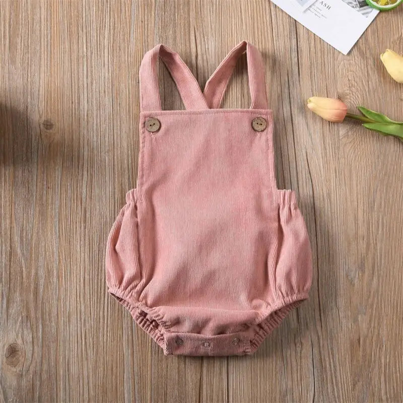 100% Velvet Corduroy Button Strap Romper In Pastel Colors
