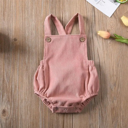 100% Velvet Corduroy Button Strap Romper In Pastel Colors