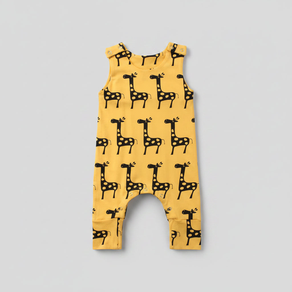 Cotton Yellow Giraffe Print Snap Button Romper Jumpsuit