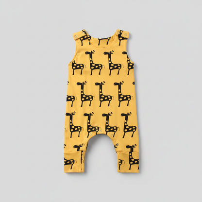 Cotton Yellow Giraffe Print Snap Button Romper Jumpsuit