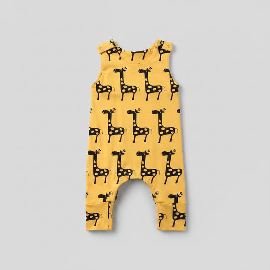 Cotton Yellow Giraffe Print Snap Button Romper Jumpsuit
