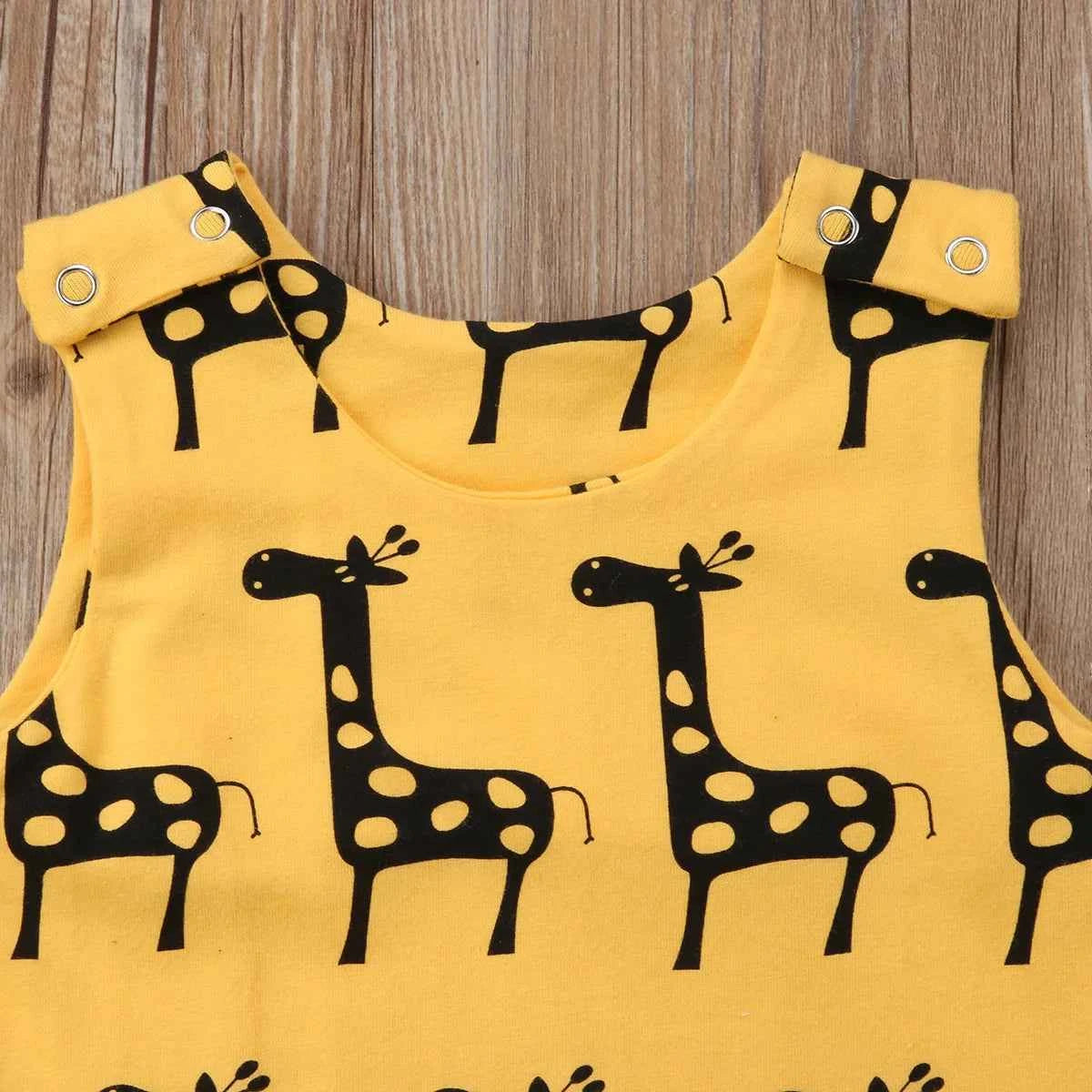 Cotton Yellow Giraffe Print Snap Button Romper Jumpsuit