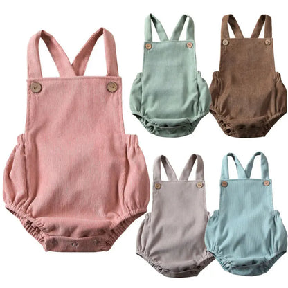100% Velvet Corduroy Button Strap Romper In Pastel Colors