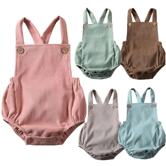 100% Velvet Corduroy Button Strap Romper In Pastel Colors
