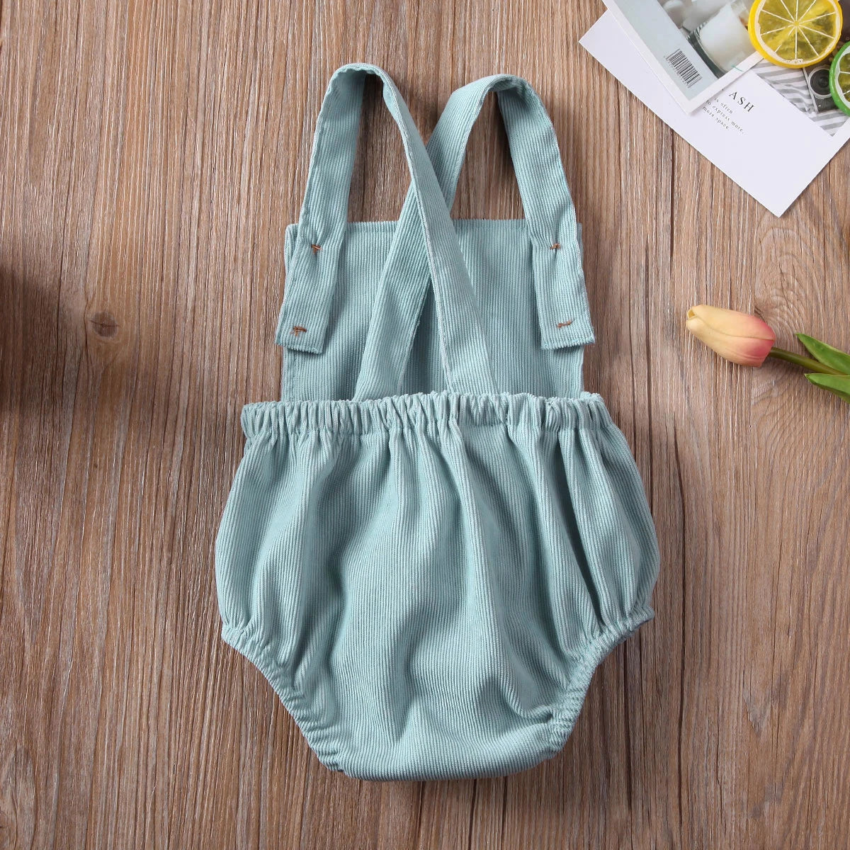 100% Velvet Corduroy Button Strap Romper In Pastel Colors