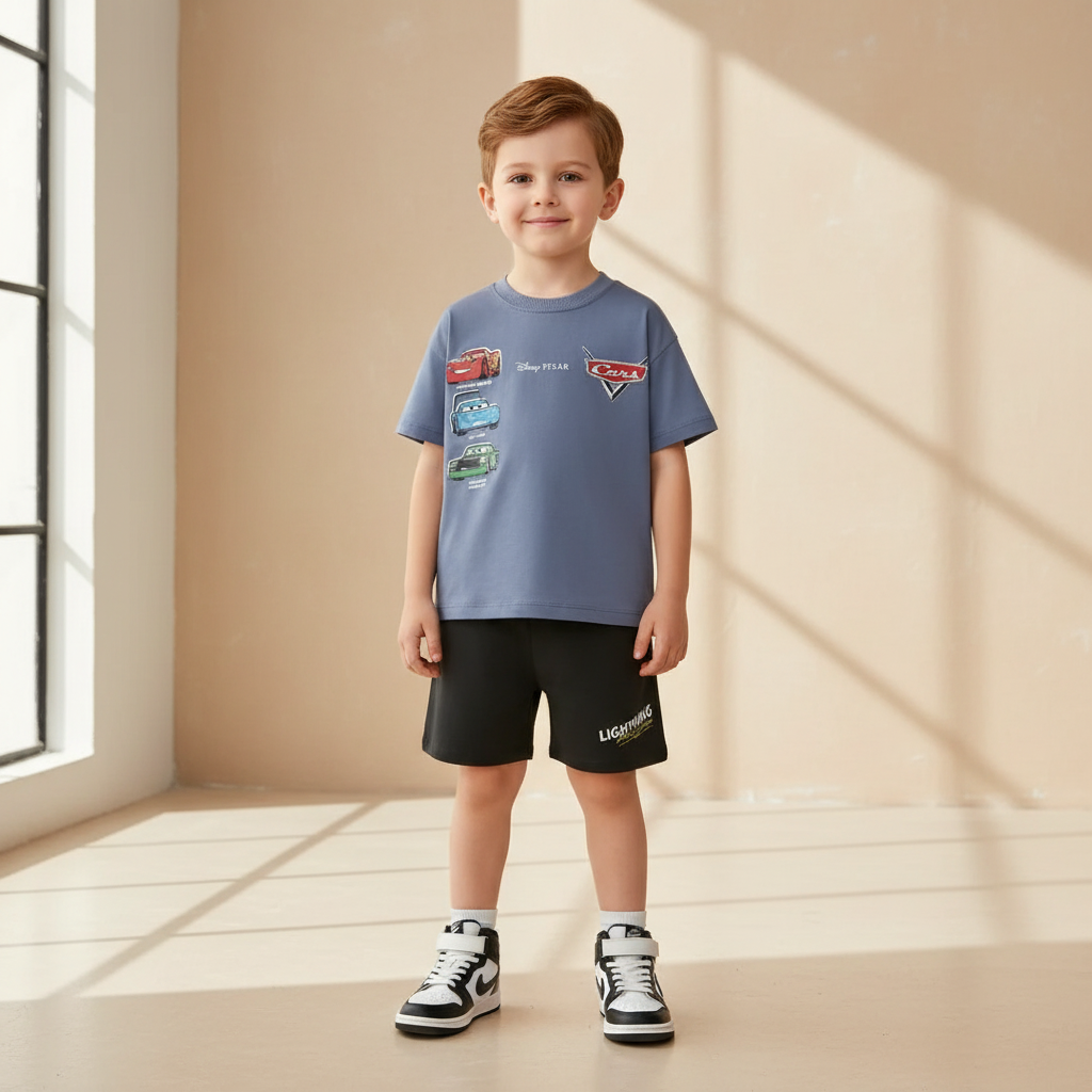 Cotton Lightning McQueen Cars Racing Tees & Black Shorts Set