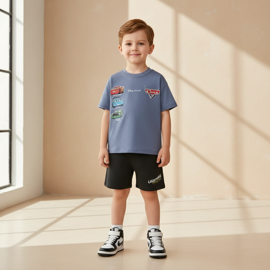 Cotton Lightning McQueen Cars Racing Tees & Black Shorts Set