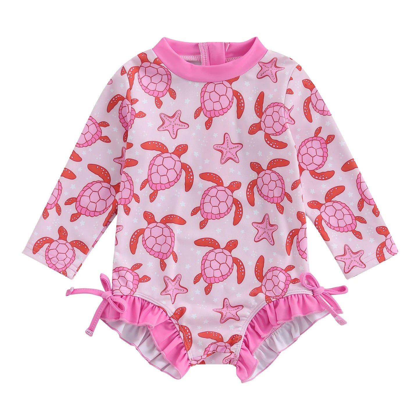 Pink Turtle Print Ruffle Long Sleeve Swimwear