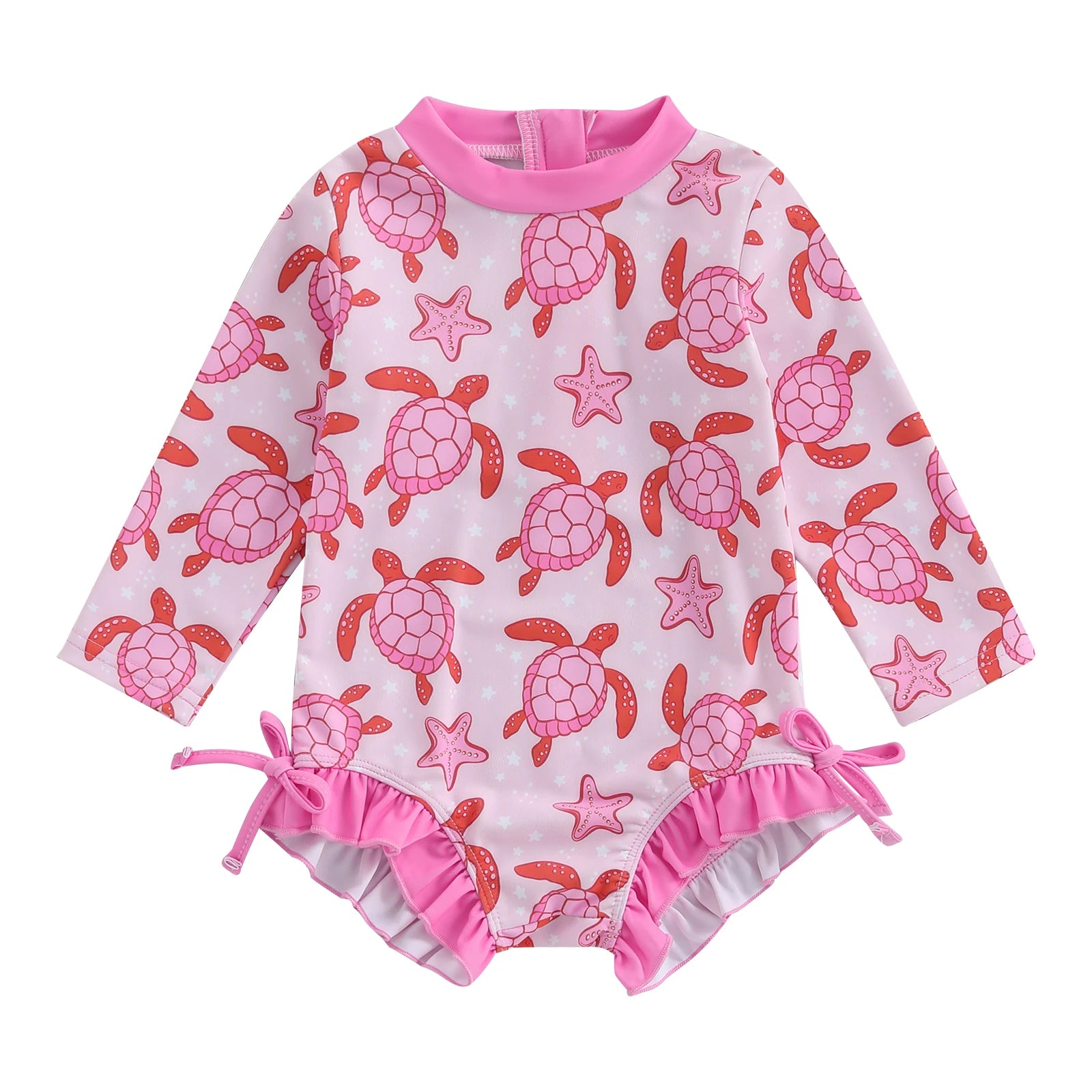 Pink Turtle Print Ruffle Long Sleeve Swimwear