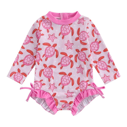 Pink Turtle Print Ruffle Long Sleeve Swimwear