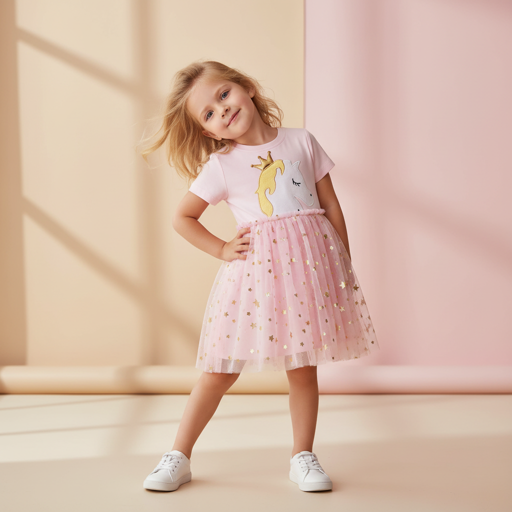 100% Cotton Striped Rainbow Applique Tulle Skirt Dress