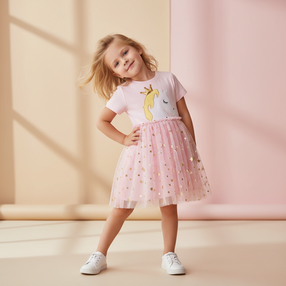 100% Cotton Striped Rainbow Applique Tulle Skirt Dress