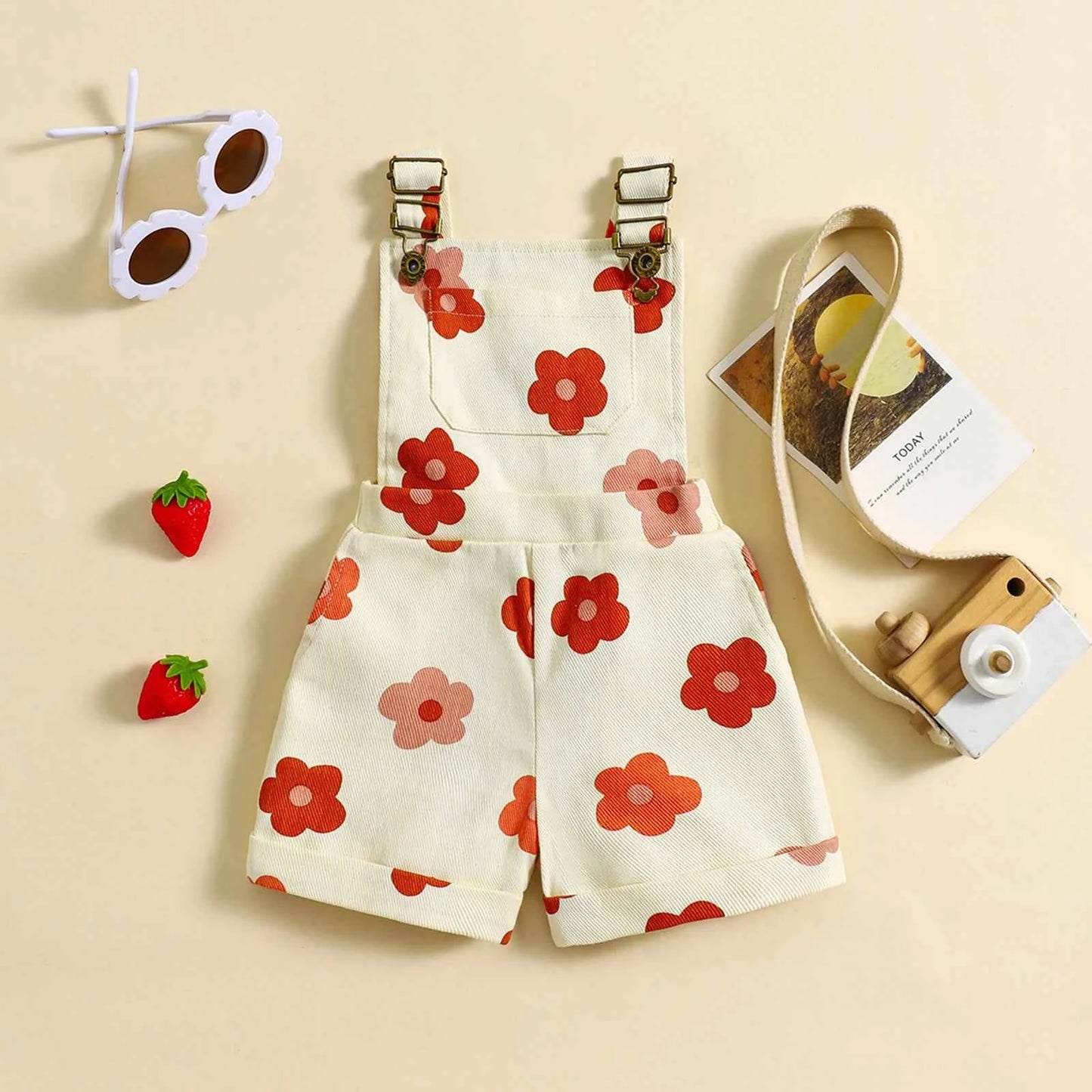 Cotton Floral & Strawberry Adjustable Strap Short Overalls