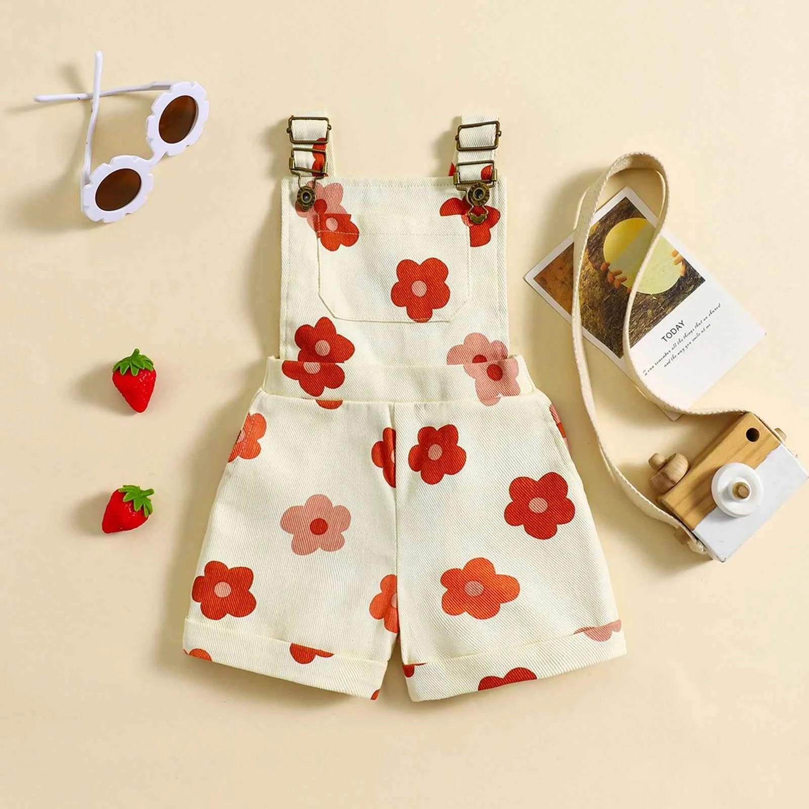 Cotton Floral & Strawberry Adjustable Strap Short Overalls