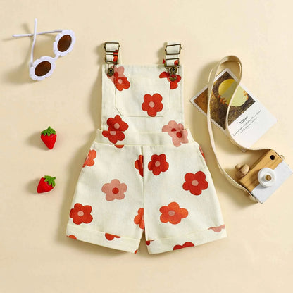 Cotton Floral & Strawberry Adjustable Strap Short Overalls