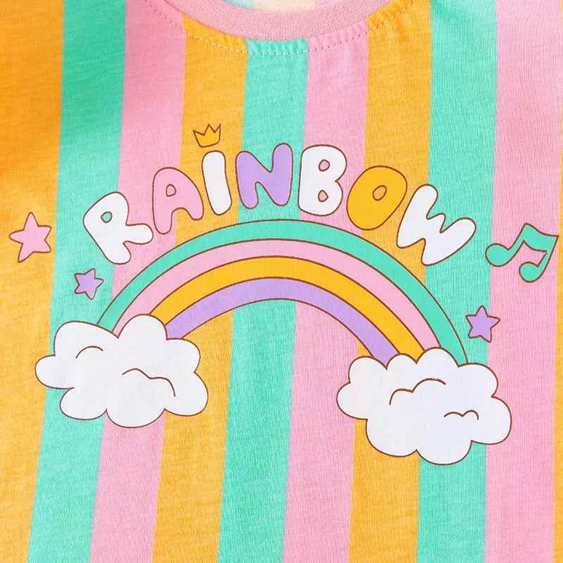 100% Cotton Unicorn Rocket Tee, Rainbow Striped Ruffle Sleeve Top & Shorts 3-Pack Set