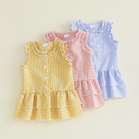 Gingham Ruffle Sleeve Button Tiered Dress