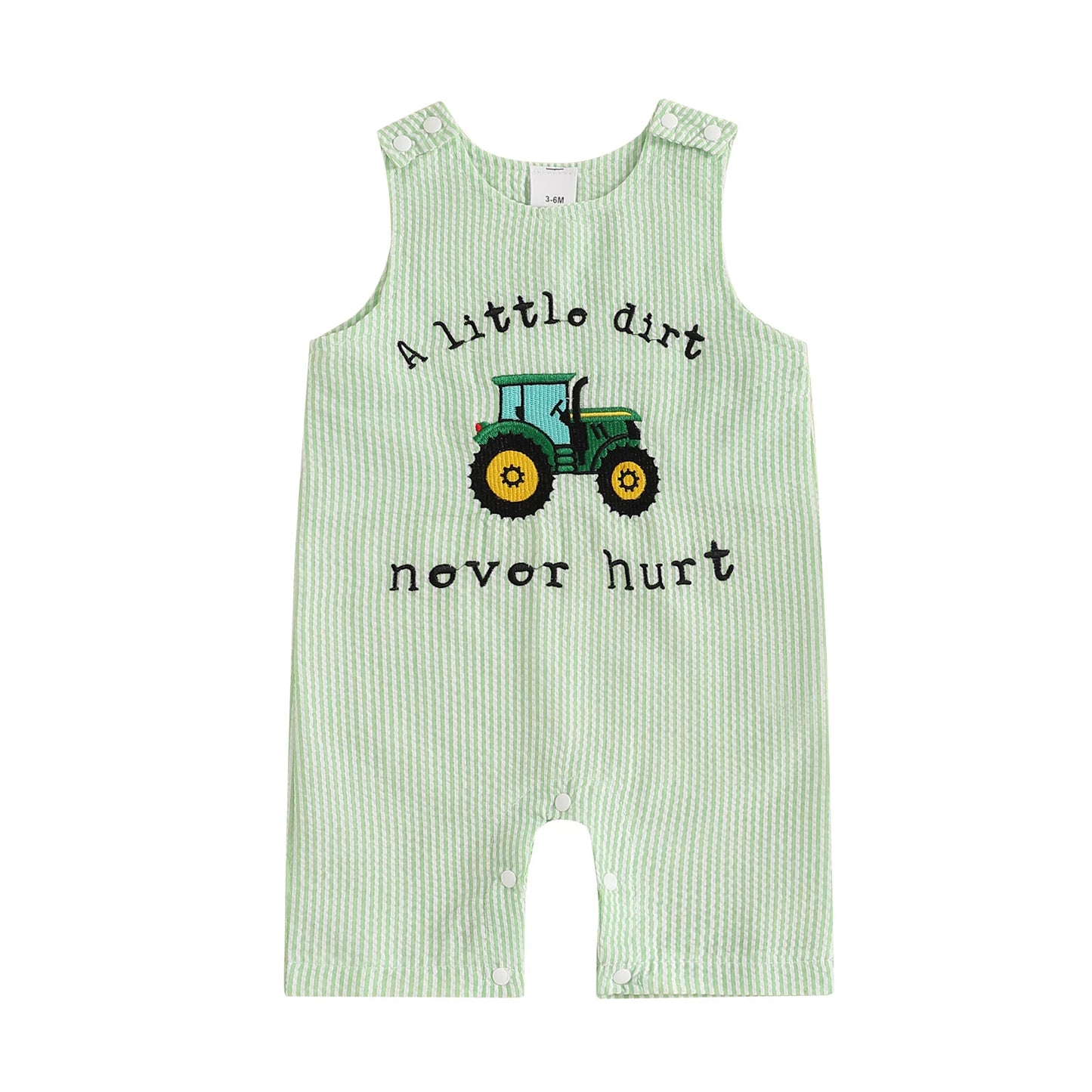 Cotton Green Seersucker Tractor Romper With Snap Button Closures