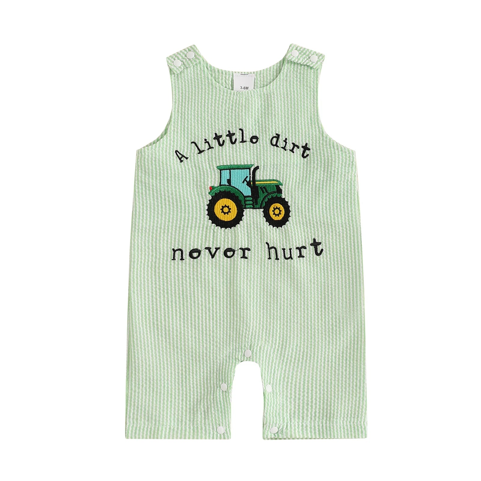 Cotton Green Seersucker Tractor Romper With Snap Button Closures
