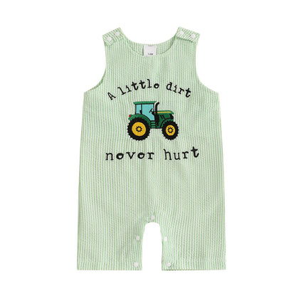 Cotton Green Seersucker Tractor Romper With Snap Button Closures