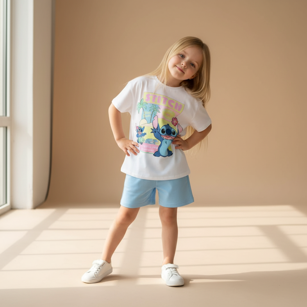 Cotton Stitch Summer Tee & Shorts Set With Cartoon Print