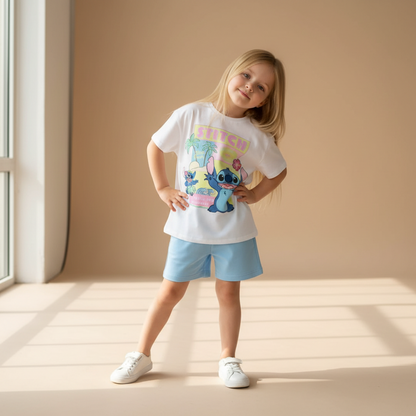 Cotton Stitch Summer Tee & Shorts Set With Cartoon Print