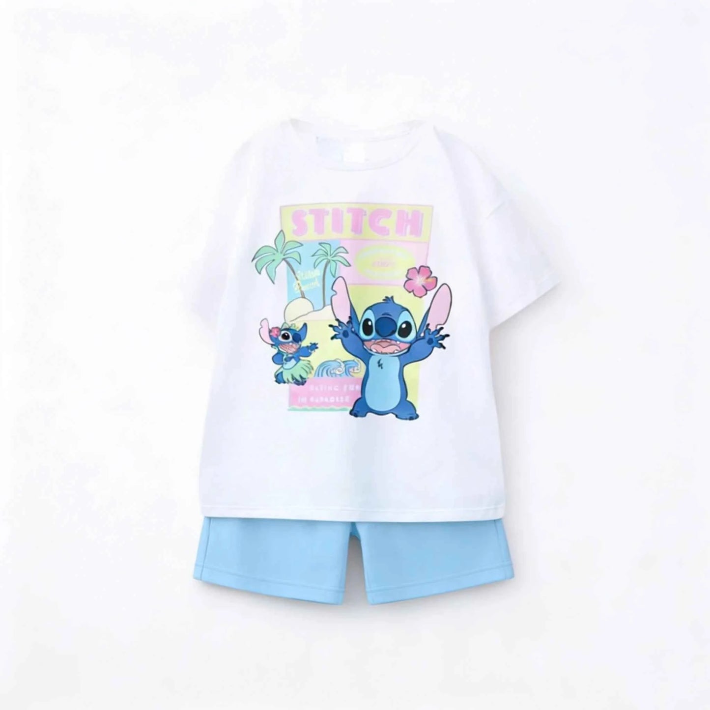 Cotton Stitch Summer Tee & Shorts Set With Cartoon Print