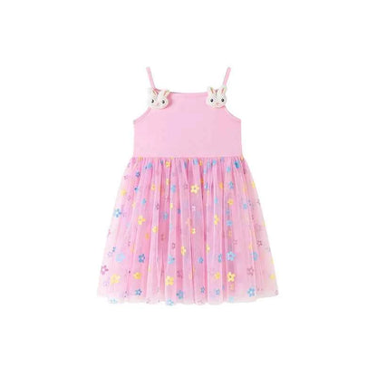 100% Cotton Pink Floral Tulle Dress With Bunny Applique Straps