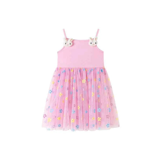 100% Cotton Pink Floral Tulle Dress With Bunny Applique Straps