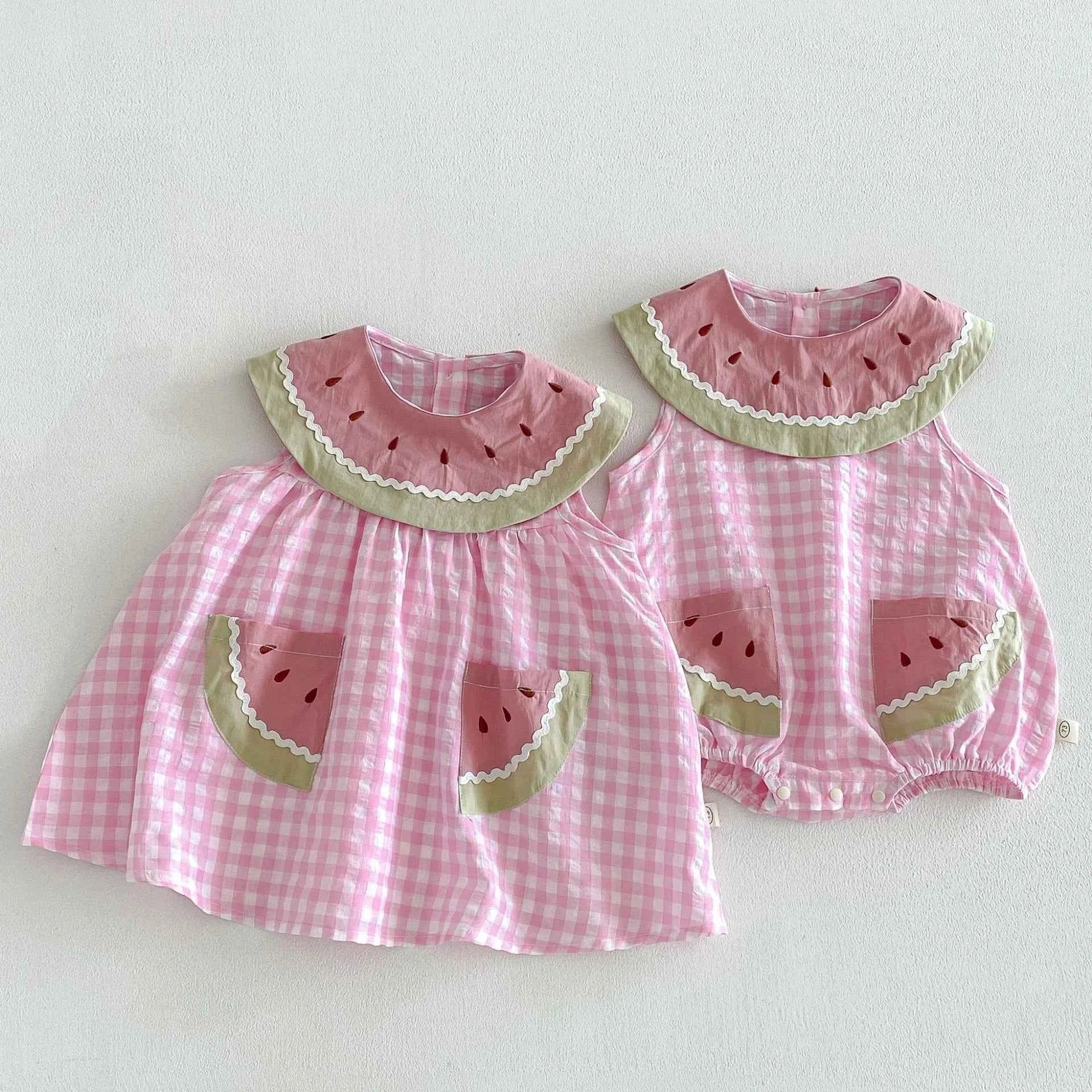 Cotton Pink Watermelon Gingham Romper/Dress