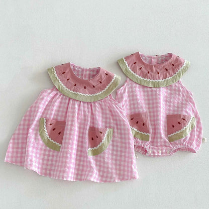 Cotton Pink Watermelon Gingham Romper/Dress