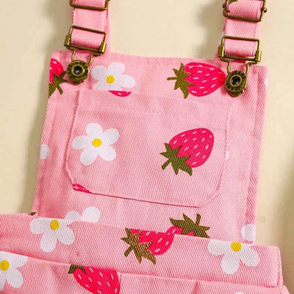 Cotton Floral & Strawberry Adjustable Strap Short Overalls