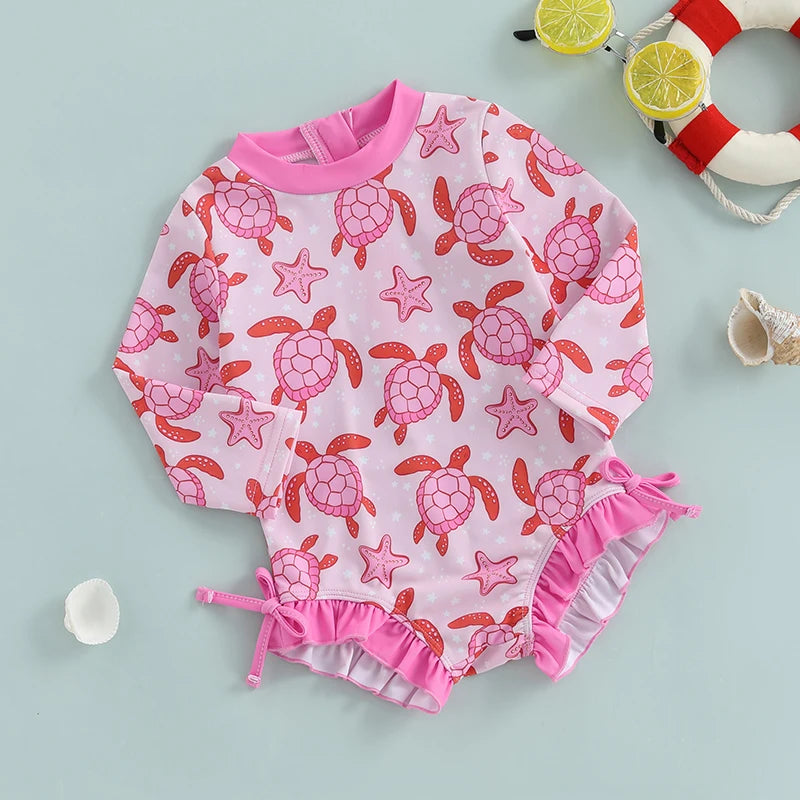 Pink Turtle Print Ruffle Long Sleeve Swimwear