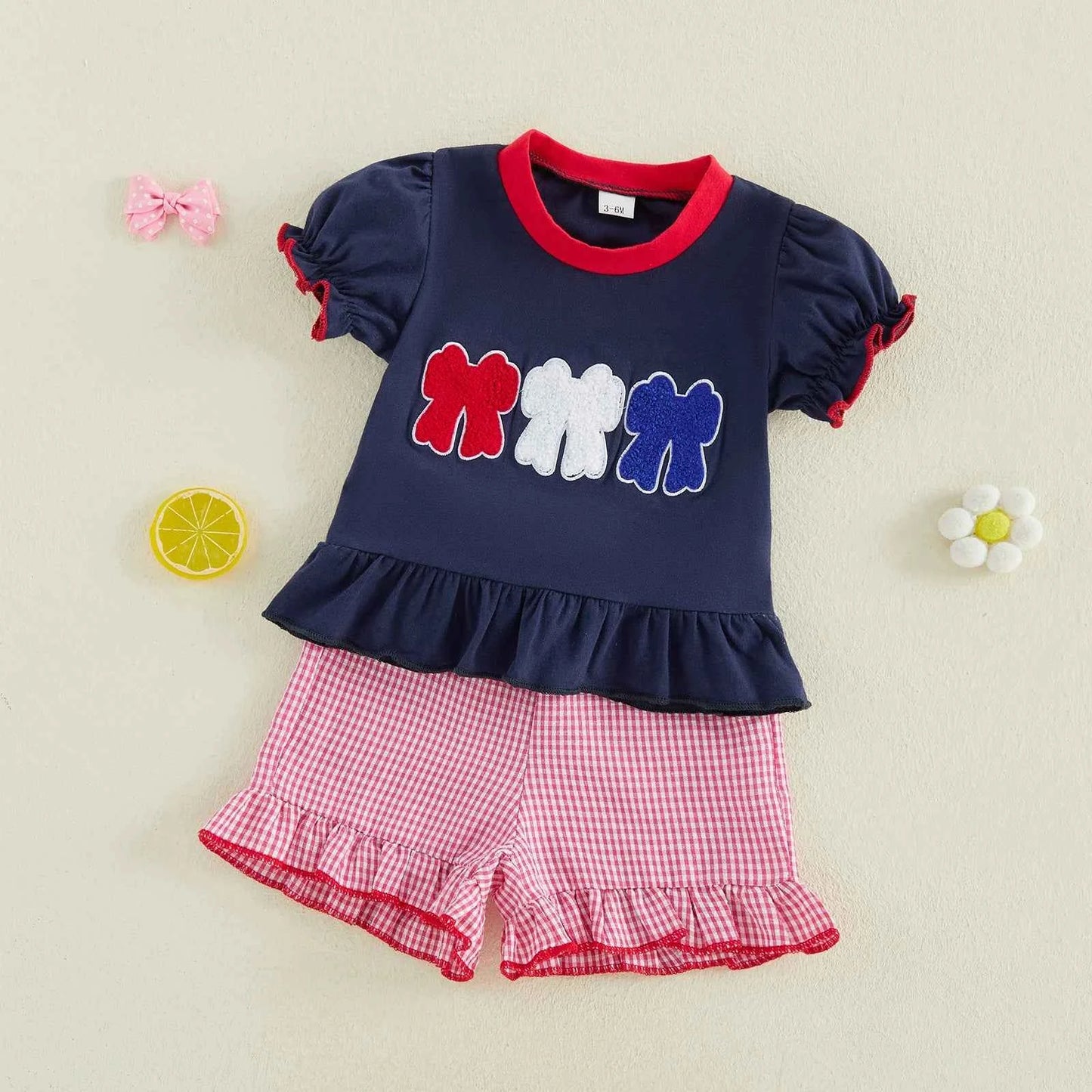 Cotton Applique Top & Gingham Shorts Set