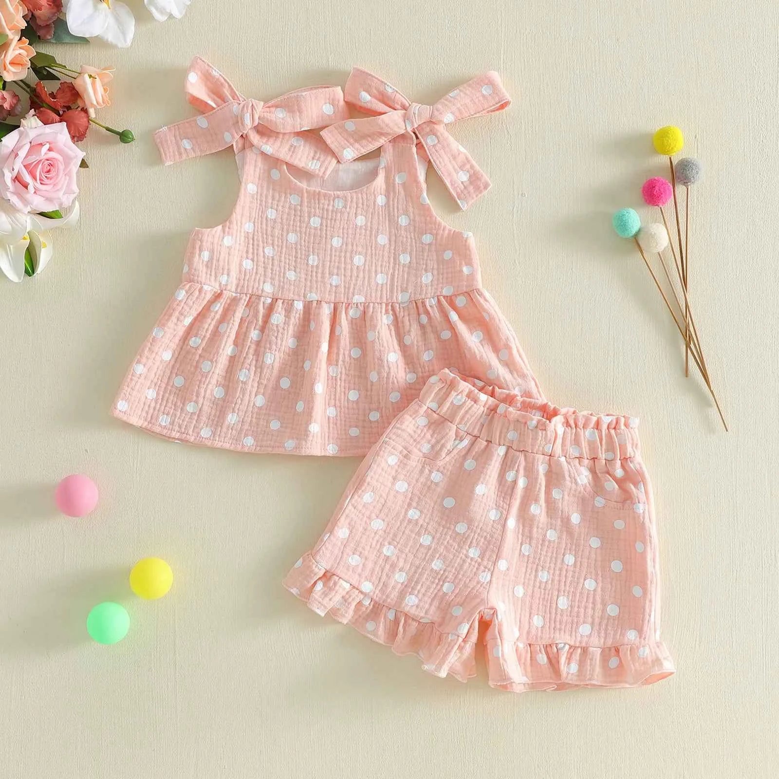 Pink Polka Dot Bow Tie Ruffle Top & Shorts Set