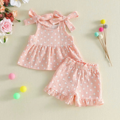 Pink Polka Dot Bow Tie Ruffle Top & Shorts Set