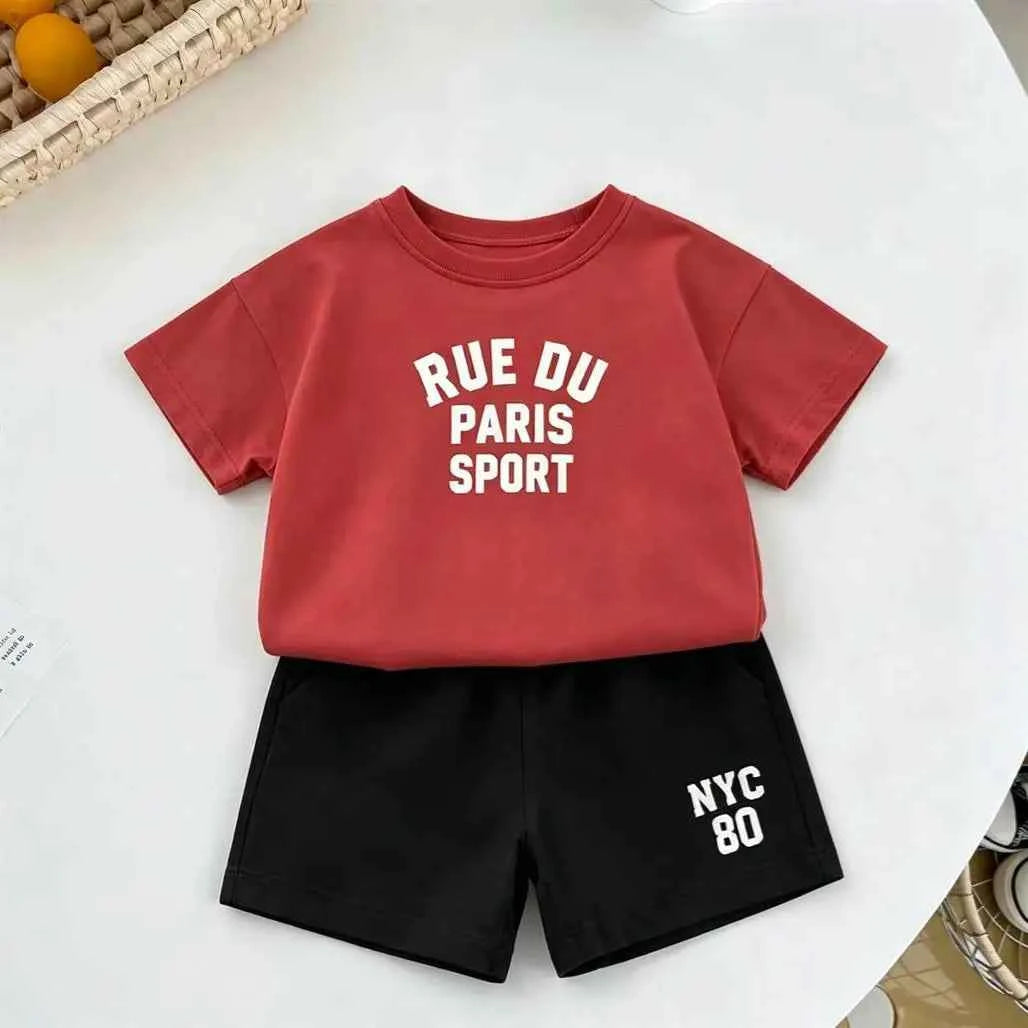 Cotton Paris Sport Red Tee & NYC 80 Black Shorts Set