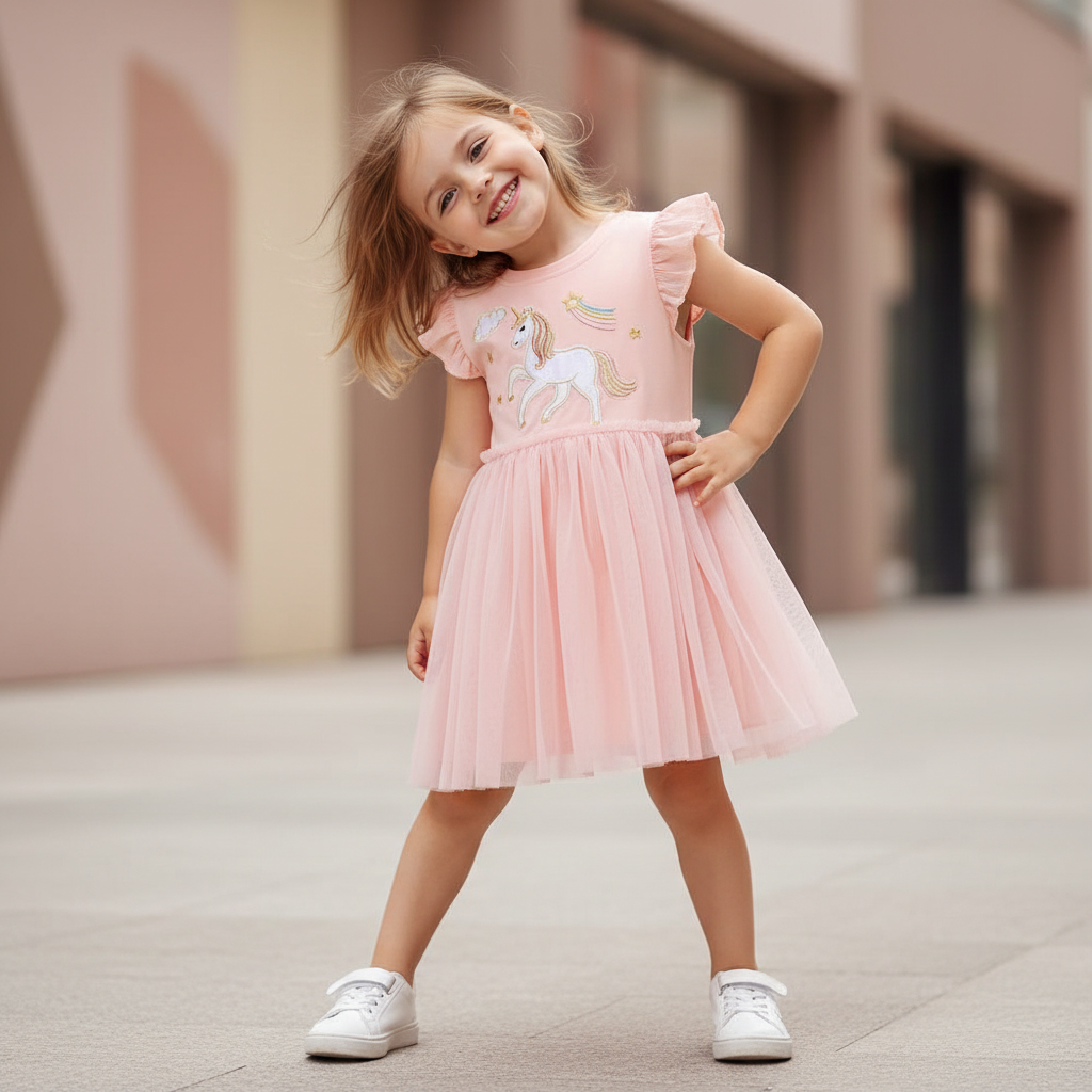 100% Cotton Striped Rainbow Applique Tulle Skirt Dress